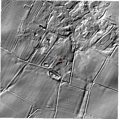 Shaded relief map of the ground around CV238DJ, computed from Environment Agency LiDAR. The ground here sits at about 82 m above sea level and falls 8 m across the surrounding 800 m. The ground contributing surface water to this point lies to the west.