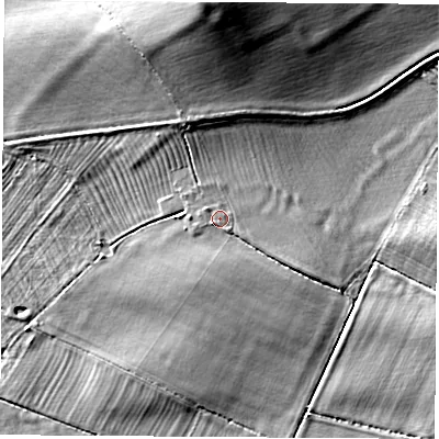 Shaded relief map of the ground around CV238DL, computed from Environment Agency LiDAR. The ground here sits at about 80 m above sea level and falls 15 m across the surrounding 800 m. Surface water reaching this point runs off ground lying to the north, 3.7 m higher.