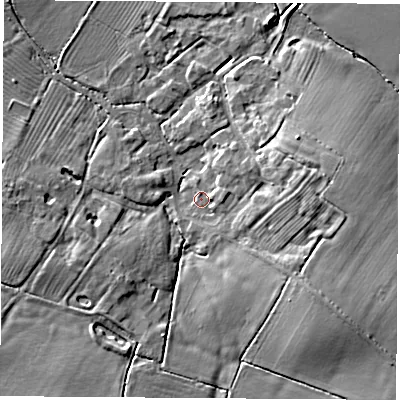 Shaded relief map of the ground around CV238DN, computed from Environment Agency LiDAR. The ground here sits at about 79 m above sea level and falls 9 m across the surrounding 800 m. Surface water reaching this point runs off ground lying to the east-north-east, 6.2 m higher.