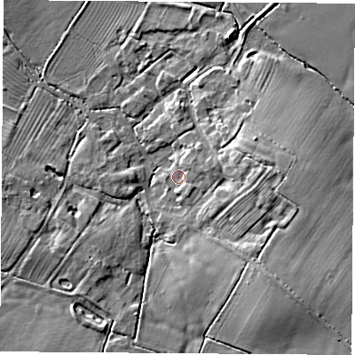 Shaded relief map of the ground around CV238DP, computed from Environment Agency LiDAR. The ground here sits at about 80 m above sea level and falls 10 m across the surrounding 800 m. Surface water reaching this point runs off ground lying to the east-north-east, 3.2 m higher.