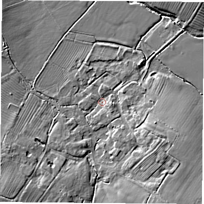 Shaded relief map of the ground around CV238DQ, computed from Environment Agency LiDAR. The ground here sits at about 78 m above sea level and falls 10 m across the surrounding 800 m. Surface water reaching this point runs off ground lying to the south-east, 7.5 m higher.