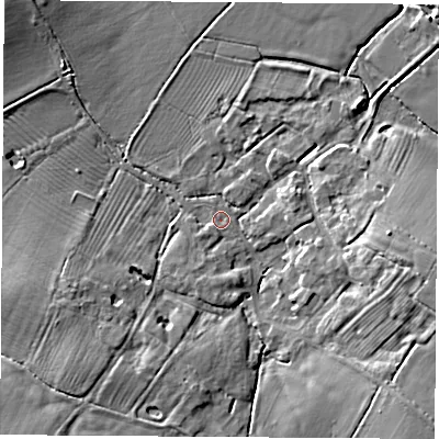 Shaded relief map of the ground around CV238DU, computed from Environment Agency LiDAR. The ground here sits at about 78 m above sea level and falls 10 m across the surrounding 800 m. Surface water reaching this point runs off ground lying to the east-south-east, 8.1 m higher.