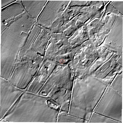 Shaded relief map of the ground around CV238DW, computed from Environment Agency LiDAR. The ground here sits at about 80 m above sea level and falls 9 m across the surrounding 800 m. Surface water reaching this point runs off ground lying to the north-north-west, 0.6 m higher.