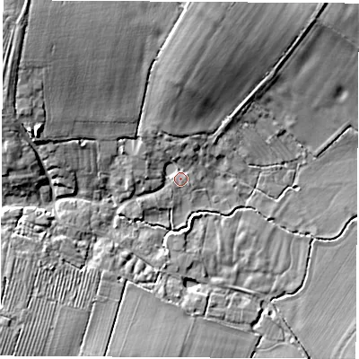 Shaded relief map of the ground around CV238HH, computed from Environment Agency LiDAR. The ground here sits at about 79 m above sea level and falls 14 m across the surrounding 800 m. Surface water reaching this point runs off ground lying to the north-west, 10.8 m higher.
