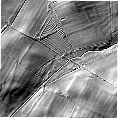 Shaded relief map of the ground around CV238HS, computed from Environment Agency LiDAR. The ground here sits at about 75 m above sea level and falls 8 m across the surrounding 800 m. Surface water reaching this point runs off ground lying to the south-east, 7.3 m higher.