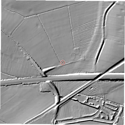 Shaded relief map of the ground around CV238UU, computed from Environment Agency LiDAR. The ground here sits at about 94 m above sea level and falls 15 m across the surrounding 800 m. Surface water reaching this point runs off ground lying to the east-north-east, 10.0 m higher.
