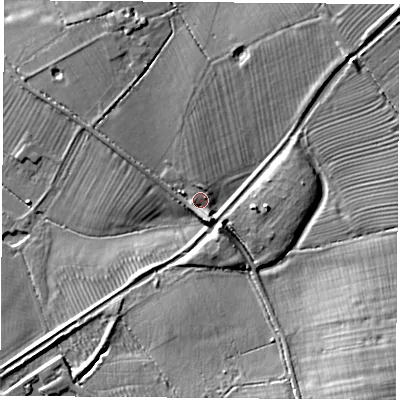 Shaded relief map of the ground around CV238UX, computed from Environment Agency LiDAR. The ground here sits at about 98 m above sea level and falls 15 m across the surrounding 800 m. Surface water reaching this point runs off ground lying to the south-east, 11.6 m higher.