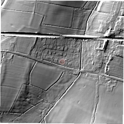 Shaded relief map of the ground around CV239BP, computed from Environment Agency LiDAR. The ground here sits at about 85 m above sea level and falls 15 m across the surrounding 800 m. Surface water reaching this point runs off ground lying to the west-south-west, 13.1 m higher.