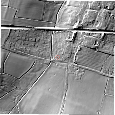 Shaded relief map of the ground around CV239BS, computed from Environment Agency LiDAR. The ground here sits at about 85 m above sea level and falls 15 m across the surrounding 800 m. Surface water reaching this point runs off ground lying to the south-south-east, 14.2 m higher.