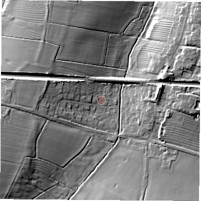 Shaded relief map of the ground around CV239BU, computed from Environment Agency LiDAR. The ground here sits at about 84 m above sea level and falls 14 m across the surrounding 800 m. Surface water reaching this point runs off ground lying to the west-south-west, 12.3 m higher.