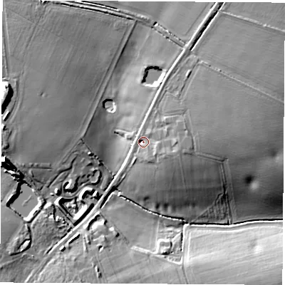 Shaded relief map of the ground around CV239EU, computed from Environment Agency LiDAR. The ground here sits at about 108 m above sea level and falls 20 m across the surrounding 800 m. Surface water reaching this point runs off ground lying to the north-east, 4.6 m higher.