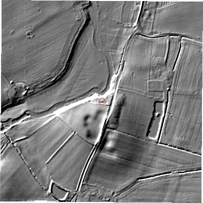 Shaded relief map of the ground around CV239HA, computed from Environment Agency LiDAR. The ground here sits at about 76 m above sea level and falls 11 m across the surrounding 800 m. Surface water reaching this point runs off ground lying to the south, 3.6 m higher.