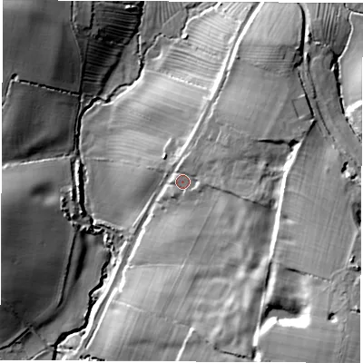 Shaded relief map of the ground around CV239JF, computed from Environment Agency LiDAR. The ground here sits at about 89 m above sea level and falls 32 m across the surrounding 800 m. Surface water reaching this point runs off ground lying to the east-south-east, 13.9 m higher.