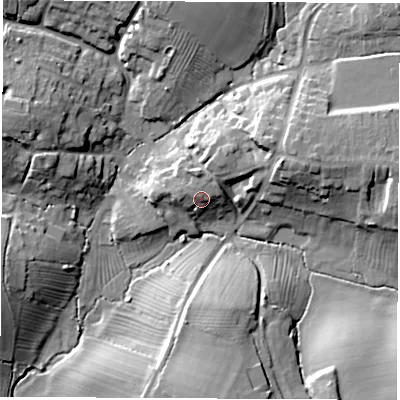 Shaded relief map of the ground around CV239NW, computed from Environment Agency LiDAR. The ground here sits at about 88 m above sea level and falls 19 m across the surrounding 800 m. Surface water reaching this point runs off ground lying to the north-north-east, 4.6 m higher.
