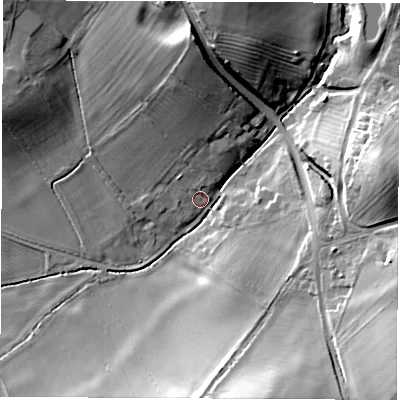Shaded relief map of the ground around CV239PU, computed from Environment Agency LiDAR. The ground here sits at about 69 m above sea level and falls 21 m across the surrounding 800 m. Surface water reaching this point runs off ground lying to the east, 18.0 m higher.