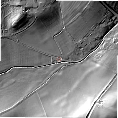 Shaded relief map of the ground around CV239PY, computed from Environment Agency LiDAR. The ground here sits at about 68 m above sea level and falls 28 m across the surrounding 800 m. Surface water reaching this point runs off ground lying to the north-north-west, 13.1 m higher.