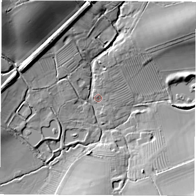 Shaded relief map of the ground around CV239RB, computed from Environment Agency LiDAR. The ground here sits at about 74 m above sea level and falls 27 m across the surrounding 800 m. Surface water reaching this point runs off ground lying to the north-north-east, 2.6 m higher.