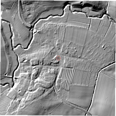 Shaded relief map of the ground around CV239RG, computed from Environment Agency LiDAR. The ground here sits at about 63 m above sea level and falls 12 m across the surrounding 800 m. Surface water reaching this point runs off ground lying to the south-east, 1.8 m higher.
