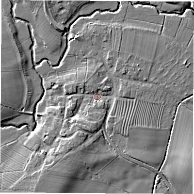 Shaded relief map of the ground around CV239RJ, computed from Environment Agency LiDAR. The ground here sits at about 63 m above sea level and falls 9 m across the surrounding 800 m. Surface water reaching this point runs off ground lying to the south-south-west, 5.6 m higher.