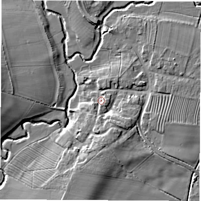 Shaded relief map of the ground around CV239RL, computed from Environment Agency LiDAR. The ground here sits at about 63 m above sea level and falls 9 m across the surrounding 800 m. Surface water reaching this point runs off ground lying to the south, 3.1 m higher.