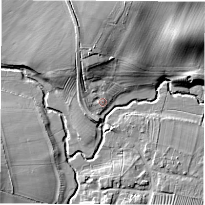 Shaded relief map of the ground around CV239RQ, computed from Environment Agency LiDAR. The ground here sits at about 62 m above sea level and falls 20 m across the surrounding 800 m. Surface water reaching this point runs off ground lying to the north-north-west, 8.6 m higher.