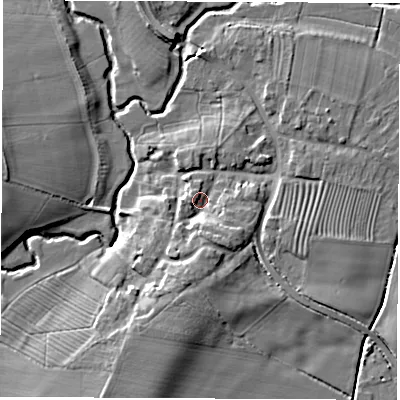 Shaded relief map of the ground around CV239RW, computed from Environment Agency LiDAR. The ground here sits at about 63 m above sea level and falls 9 m across the surrounding 800 m. Surface water reaching this point runs off ground lying to the south-south-east, 4.9 m higher.