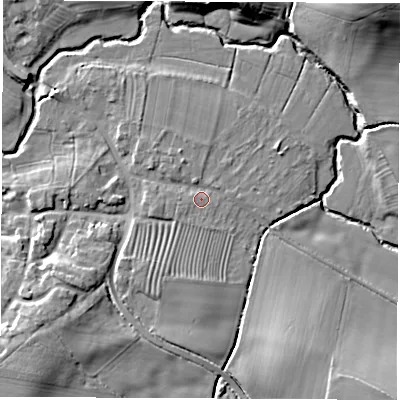 Shaded relief map of the ground around CV239RY, computed from Environment Agency LiDAR. The ground here sits at about 64 m above sea level and falls 18 m across the surrounding 800 m. Surface water reaching this point runs off ground lying to the north, 0.9 m higher.