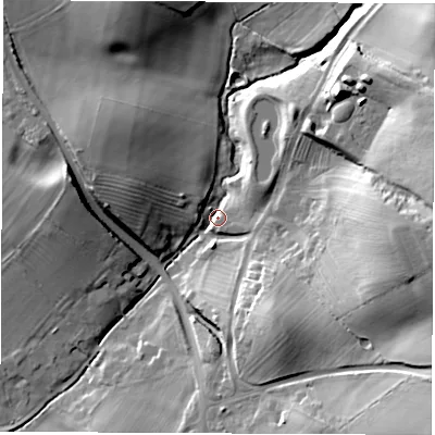 Shaded relief map of the ground around CV239SP, computed from Environment Agency LiDAR. The ground here sits at about 72 m above sea level and falls 29 m across the surrounding 800 m. Surface water reaching this point runs off ground lying to the east, 27.1 m higher.