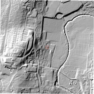 Shaded relief map of the ground around CV25AQ, computed from Environment Agency LiDAR. The ground here sits at about 71 m above sea level and falls 23 m across the surrounding 800 m. Surface water reaching this point runs off ground lying to the west, 10.6 m higher.