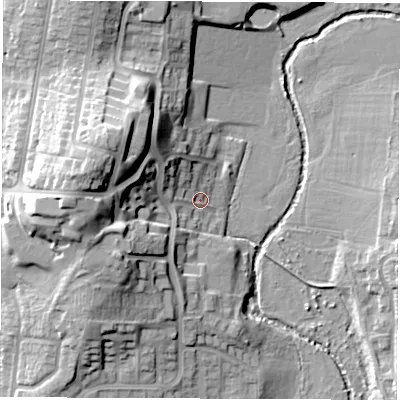 Shaded relief map of the ground around CV25AS, computed from Environment Agency LiDAR. The ground here sits at about 71 m above sea level and falls 23 m across the surrounding 800 m. Surface water reaching this point runs off ground lying to the west-north-west, 19.6 m higher.