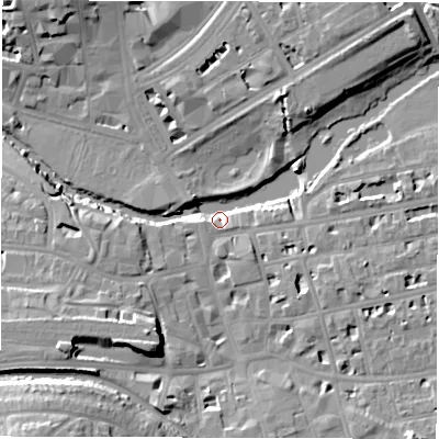 Shaded relief map of the ground around CV311AA, computed from Environment Agency LiDAR. The ground here sits at about 48 m above sea level and falls 17 m across the surrounding 800 m. Surface water reaching this point runs off ground lying to the south-west, 14.9 m higher.