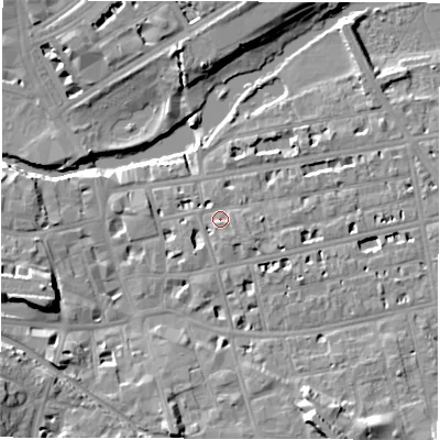 Shaded relief map of the ground around CV311AS, computed from Environment Agency LiDAR. The ground here sits at about 51 m above sea level and falls 14 m across the surrounding 800 m. Surface water reaching this point runs off ground lying to the east-south-east, 3.4 m higher.