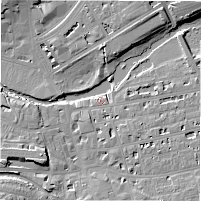 Shaded relief map of the ground around CV311BA, computed from Environment Agency LiDAR. The ground here sits at about 51 m above sea level and falls 16 m across the surrounding 800 m. Surface water reaching this point runs off ground lying to the south-west, 4.7 m higher.