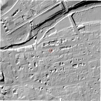 Shaded relief map of the ground around CV311BB, computed from Environment Agency LiDAR. The ground here sits at about 51 m above sea level and falls 14 m across the surrounding 800 m. Surface water reaching this point runs off ground lying to the north-east, 2.2 m higher.