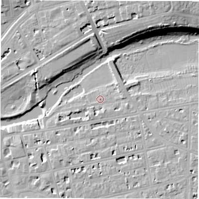 Shaded relief map of the ground around CV311BE, computed from Environment Agency LiDAR. The ground here sits at about 51 m above sea level and falls 18 m across the surrounding 800 m. Surface water reaching this point runs off ground lying to the east-south-east, 2.2 m higher.