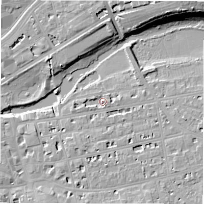 Shaded relief map of the ground around CV311BG, computed from Environment Agency LiDAR. The ground here sits at about 51 m above sea level and falls 17 m across the surrounding 800 m. Surface water reaching this point runs off ground lying to the east-north-east, 2.9 m higher.