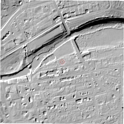 Shaded relief map of the ground around CV311BH, computed from Environment Agency LiDAR. The ground here sits at about 50 m above sea level and falls 18 m across the surrounding 800 m. Surface water reaching this point runs off ground lying to the east, 0.7 m higher.