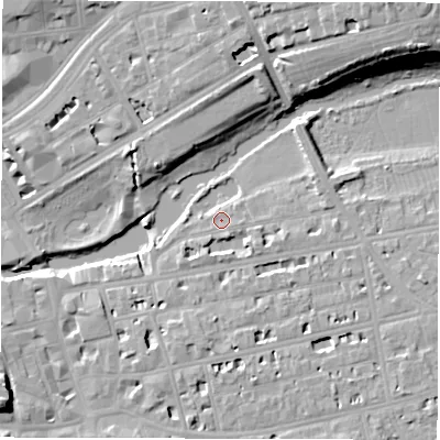 Shaded relief map of the ground around CV311BJ, computed from Environment Agency LiDAR. The ground here sits at about 50 m above sea level and falls 18 m across the surrounding 800 m. Surface water reaching this point runs off ground lying to the east, 2.4 m higher.