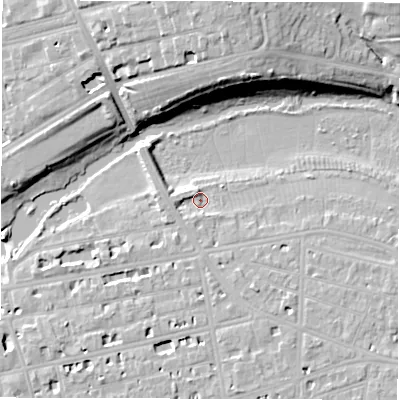 Shaded relief map of the ground around CV311BL, computed from Environment Agency LiDAR. The ground here sits at about 51 m above sea level and falls 18 m across the surrounding 800 m. Surface water reaching this point runs off ground lying to the north-north-west, 2.1 m higher.