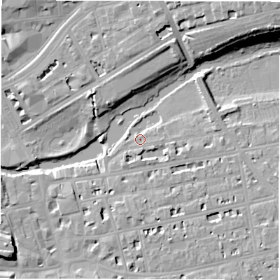 Shaded relief map of the ground around CV311BP, computed from Environment Agency LiDAR. The ground here sits at about 50 m above sea level and falls 18 m across the surrounding 800 m. Surface water reaching this point runs off ground lying to the east, 3.1 m higher.