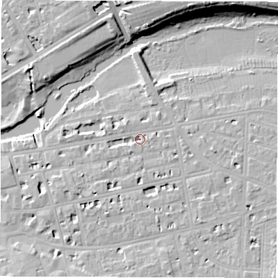 Shaded relief map of the ground around CV311BQ, computed from Environment Agency LiDAR. The ground here sits at about 50 m above sea level and falls 17 m across the surrounding 800 m. Surface water reaching this point runs off ground lying to the east-south-east, 1.7 m higher.