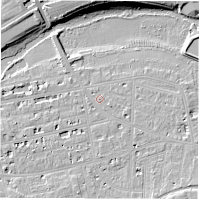 Shaded relief map of the ground around CV311BS, computed from Environment Agency LiDAR. The ground here sits at about 52 m above sea level and falls 14 m across the surrounding 800 m. Surface water reaching this point runs off ground lying to the east-south-east, 1.4 m higher.