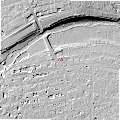 Shaded relief map of the ground around CV311BW, computed from Environment Agency LiDAR. The ground here sits at about 52 m above sea level and falls 18 m across the surrounding 800 m. Surface water reaching this point runs off ground lying to the south-east, 0.9 m higher.