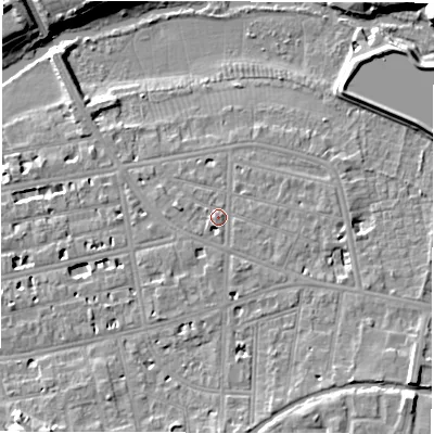 Shaded relief map of the ground around CV311DB, computed from Environment Agency LiDAR. The ground here sits at about 53 m above sea level and falls 10 m across the surrounding 800 m. Surface water reaching this point runs off ground lying to the south-east, 4.1 m higher.