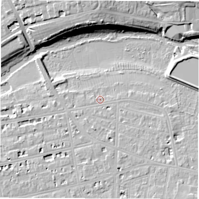 Shaded relief map of the ground around CV311DE, computed from Environment Agency LiDAR. The ground here sits at about 51 m above sea level and falls 16 m across the surrounding 800 m. Surface water reaching this point runs off ground lying to the south, 2.2 m higher.