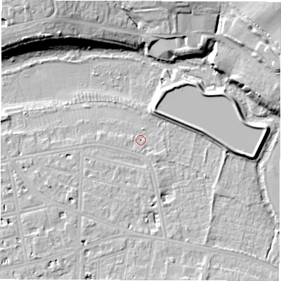 Shaded relief map of the ground around CV311DF, computed from Environment Agency LiDAR. The ground here sits at about 51 m above sea level and falls 16 m across the surrounding 800 m. Surface water reaching this point runs off ground lying to the west-south-west, 1.0 m higher.