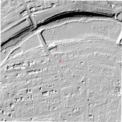 Shaded relief map of the ground around CV311DG, computed from Environment Agency LiDAR. The ground here sits at about 51 m above sea level and falls 16 m across the surrounding 800 m. Surface water reaching this point runs off ground lying to the south-east, 2.2 m higher.