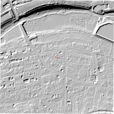 Shaded relief map of the ground around CV311DH, computed from Environment Agency LiDAR. The ground here sits at about 52 m above sea level and falls 15 m across the surrounding 800 m. Surface water reaching this point runs off ground lying to the east-south-east, 0.5 m higher.