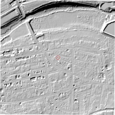 Shaded relief map of the ground around CV311DJ, computed from Environment Agency LiDAR. The ground here sits at about 52 m above sea level and falls 15 m across the surrounding 800 m. Surface water reaching this point runs off ground lying to the south-south-east, 1.5 m higher.