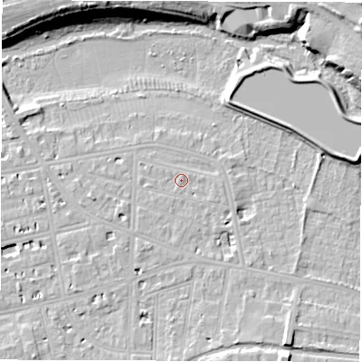 Shaded relief map of the ground around CV311DL, computed from Environment Agency LiDAR. The ground here sits at about 52 m above sea level and falls 15 m across the surrounding 800 m. Surface water reaching this point runs off ground lying to the south-south-east, 2.5 m higher.